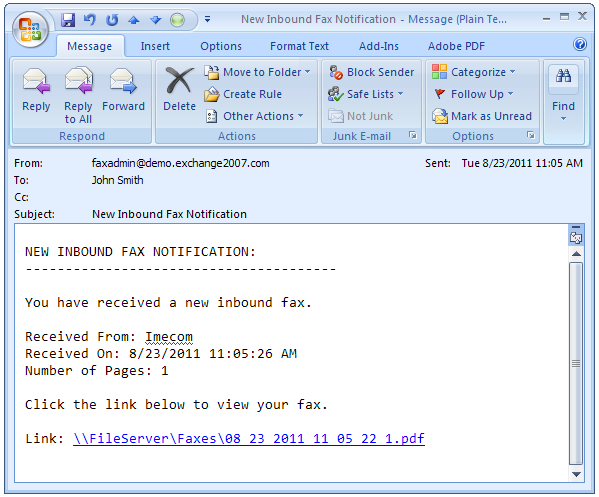Useit Fax Server can route inbound faxes to network shares and send a link via email.